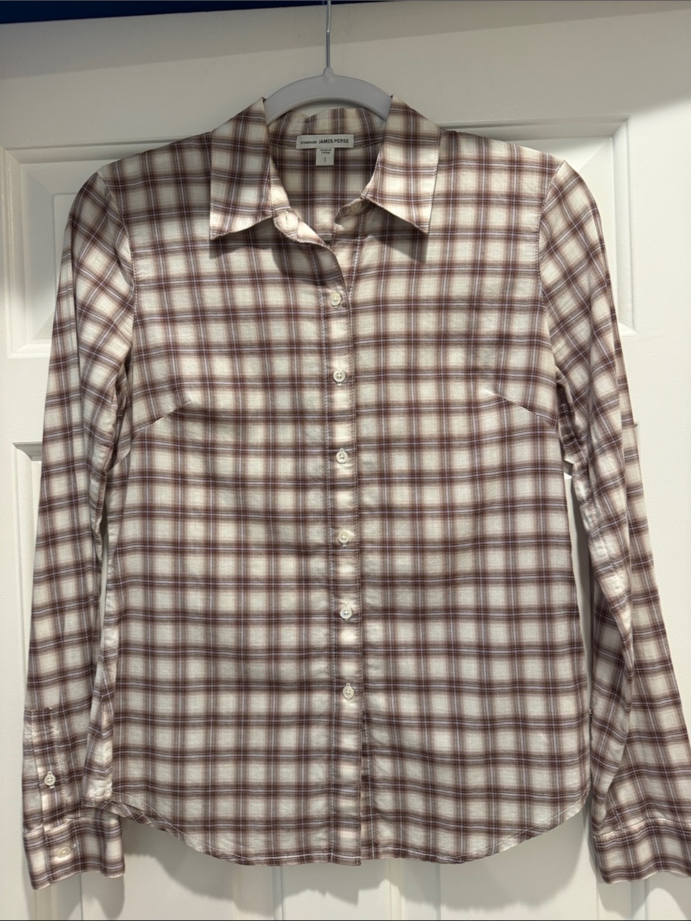 James Perse Plaid Button-Down Shirt in Brown and Cream
